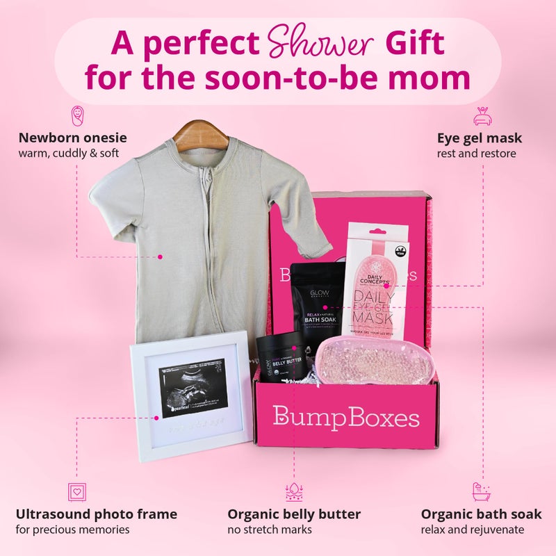 Bump Boxes 2nd Trimester Gift Set, Complete Pregnancy Care Package with Belly Butter, Bath Soak, Baby Footed Sleeper, Sonogram Frame and Eye Mask - Image 2